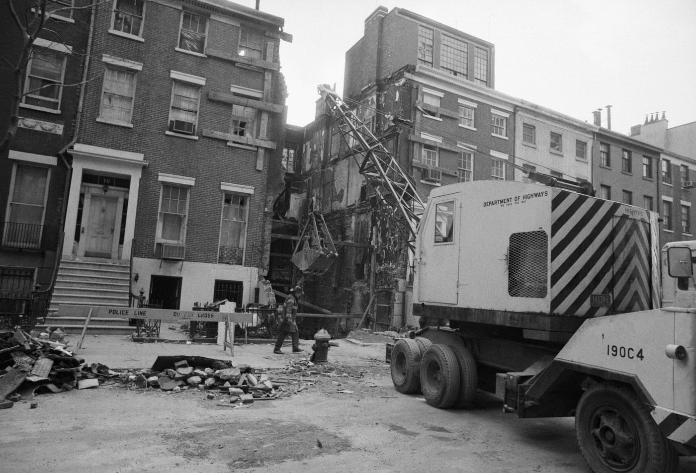 Three Weather Underground members were killed when a bomb they had built exploded inthe basement of a townhouse in Greenwich Village on March 6, 1970. In the days following the explosion, police found 57 sticks of dynamite, four completed bombs, detonators, timing devices, and other bomb-making equipment. Bettmann/Corbis photo.