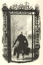 drawing of Professor Carberry passing through the college gates, carrying his suitcases, by Andrew S. Wendel