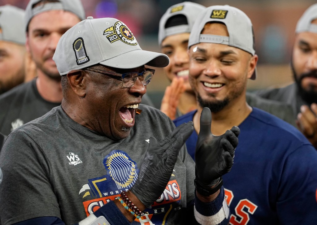 Dusty Baker celebrates after the Astros' 4-1 World Series-clinching victory over the Phillies.