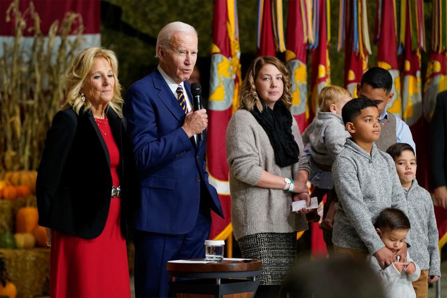 Biden jokingly told the son of a marine that he had permission to steal a decorative pumpkin during his boring speech.